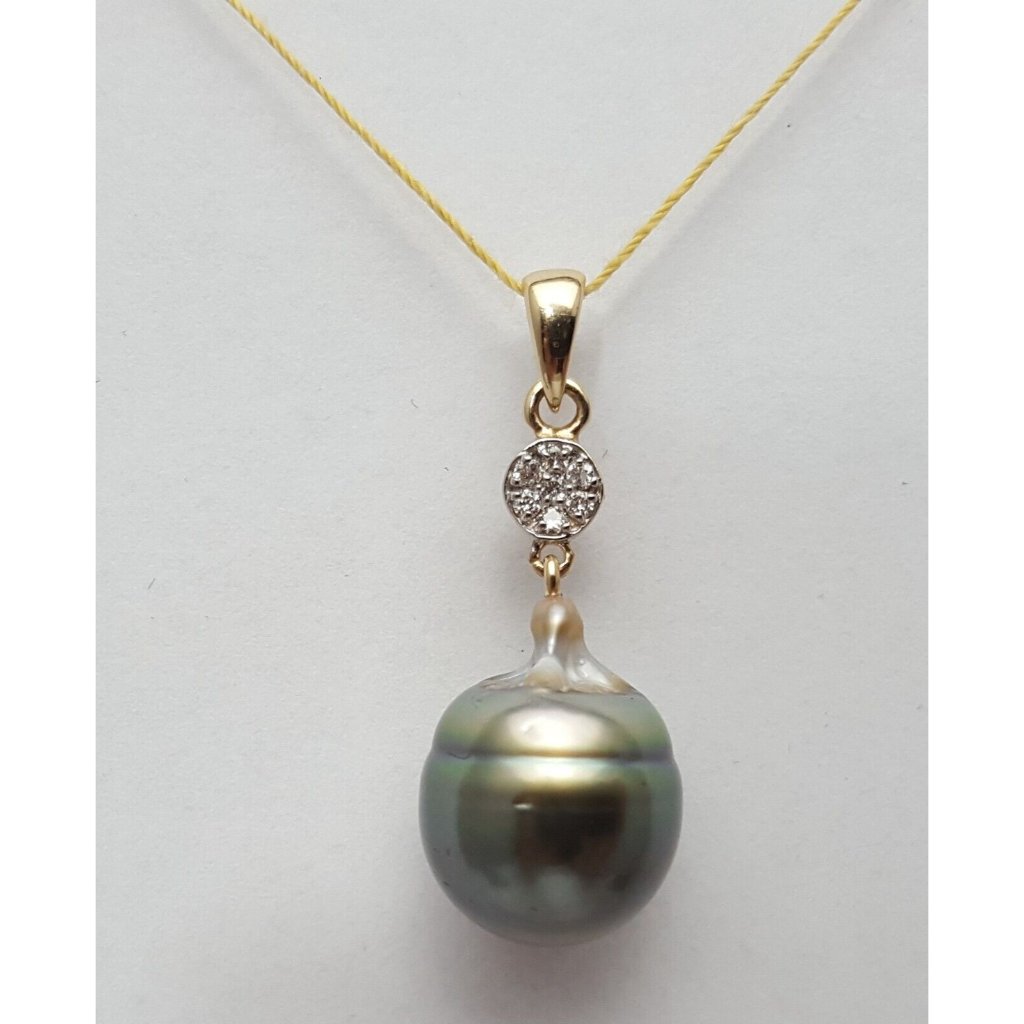 Unique 14k Solid Yellow Gold Drop Dangle Tahitian Pearl  Diamond Charm Pendant